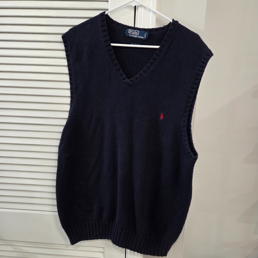 Vintage Polo Ralph Lauren Navy Red Pony Cotton Golf Sweater Vest V-Neck Mens XL